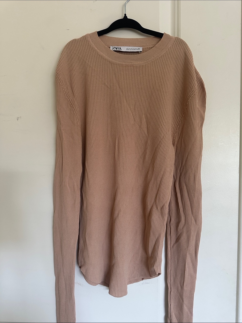 ZARA Ribbed Crew Neck Long Sleeve Top in Beige